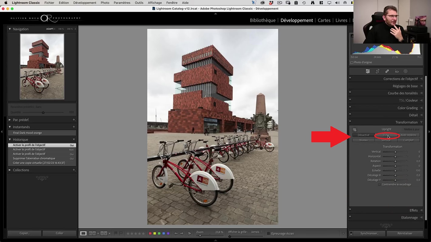 Outil de redressement automatique dans Lightroom.