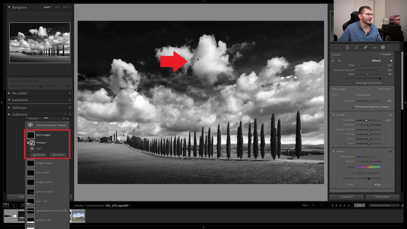 Pinceau en mode burn pour le paysage en noir et blanc dans Lightroom.