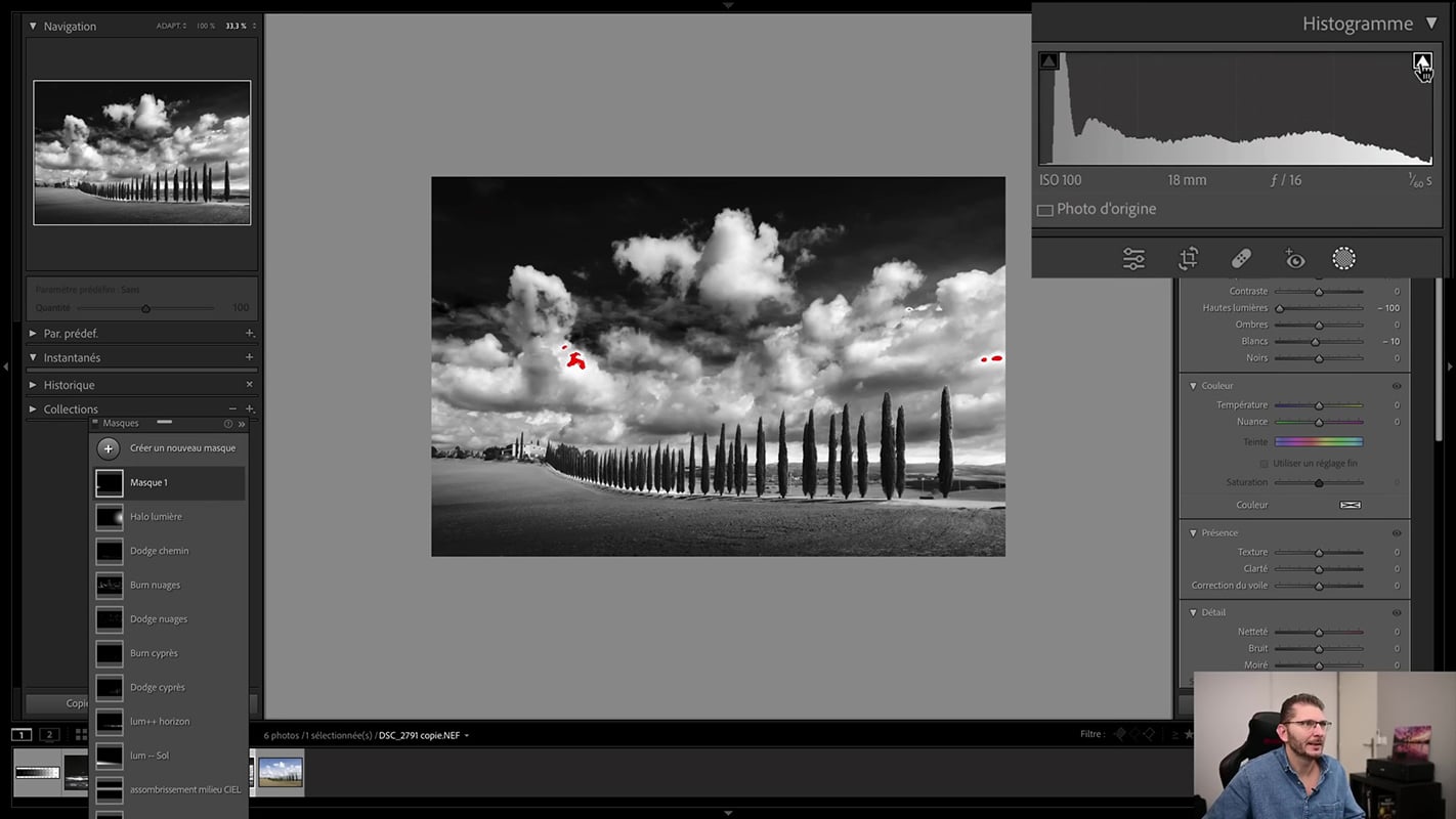 Points chauds dans le paysage en noir et blanc dans Lightroom.