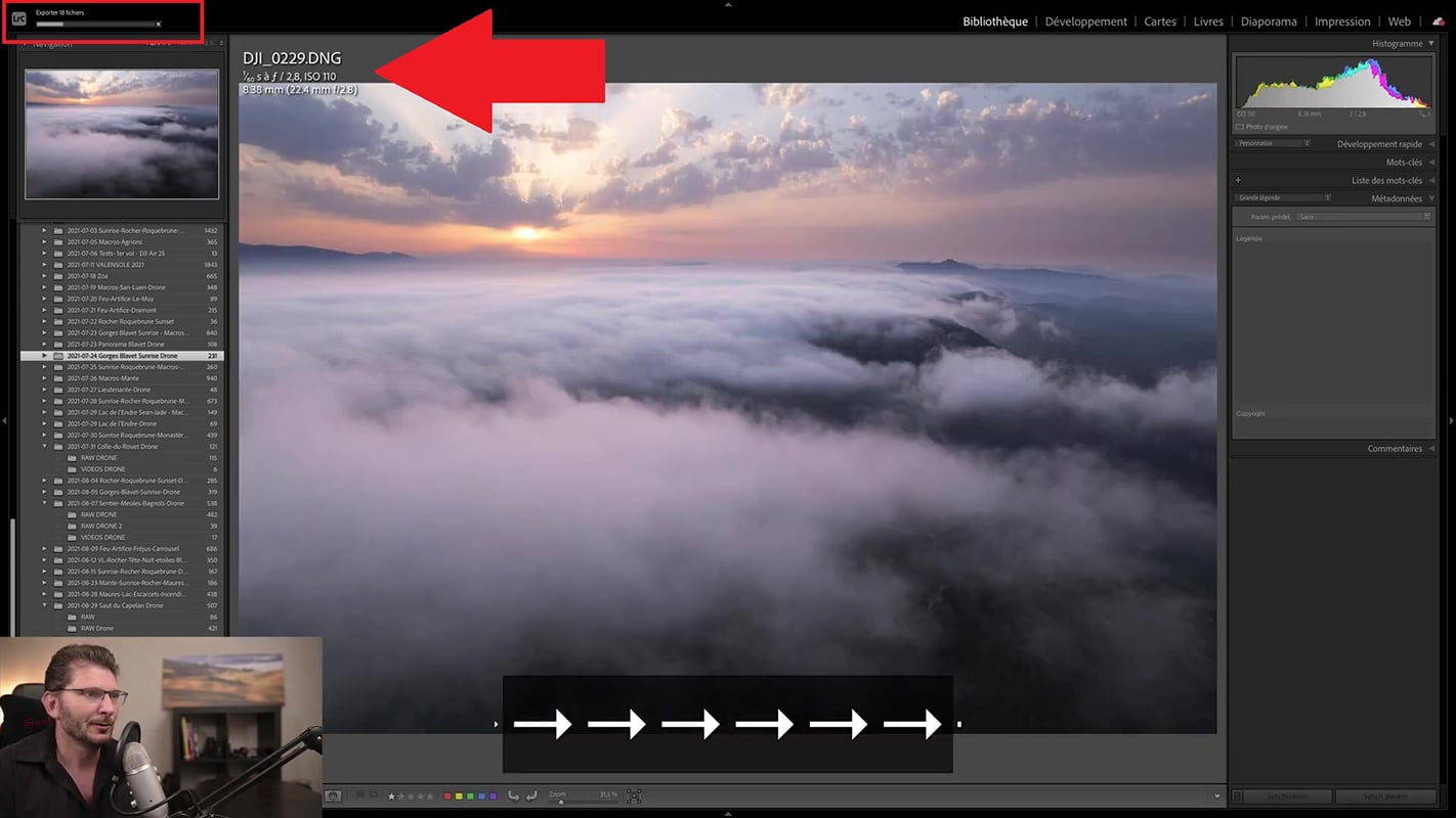 Barre d'avancement de l'exportation des photos dans Lightroom.