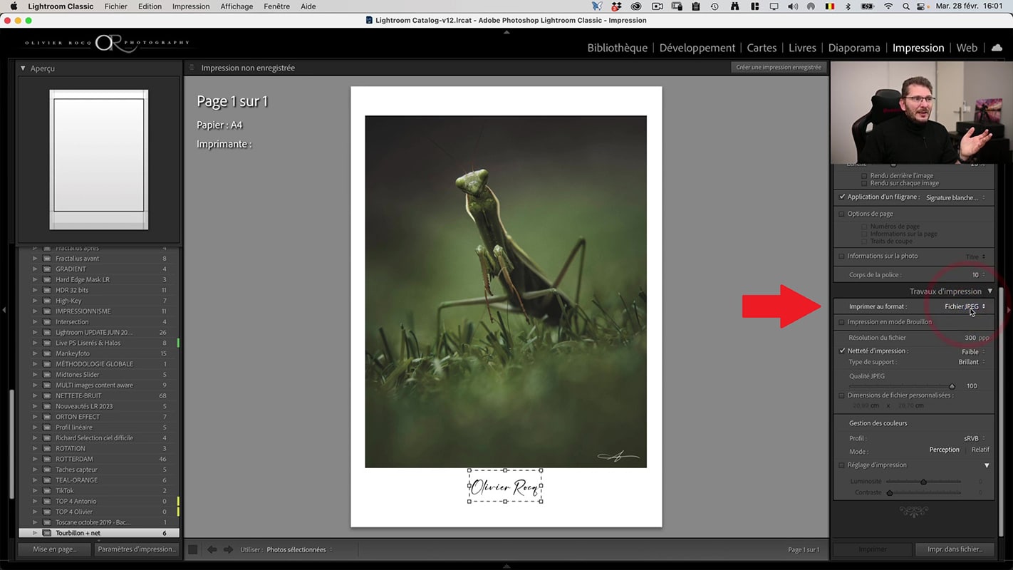 Imprimer la photo avec signature dans Lightroom.