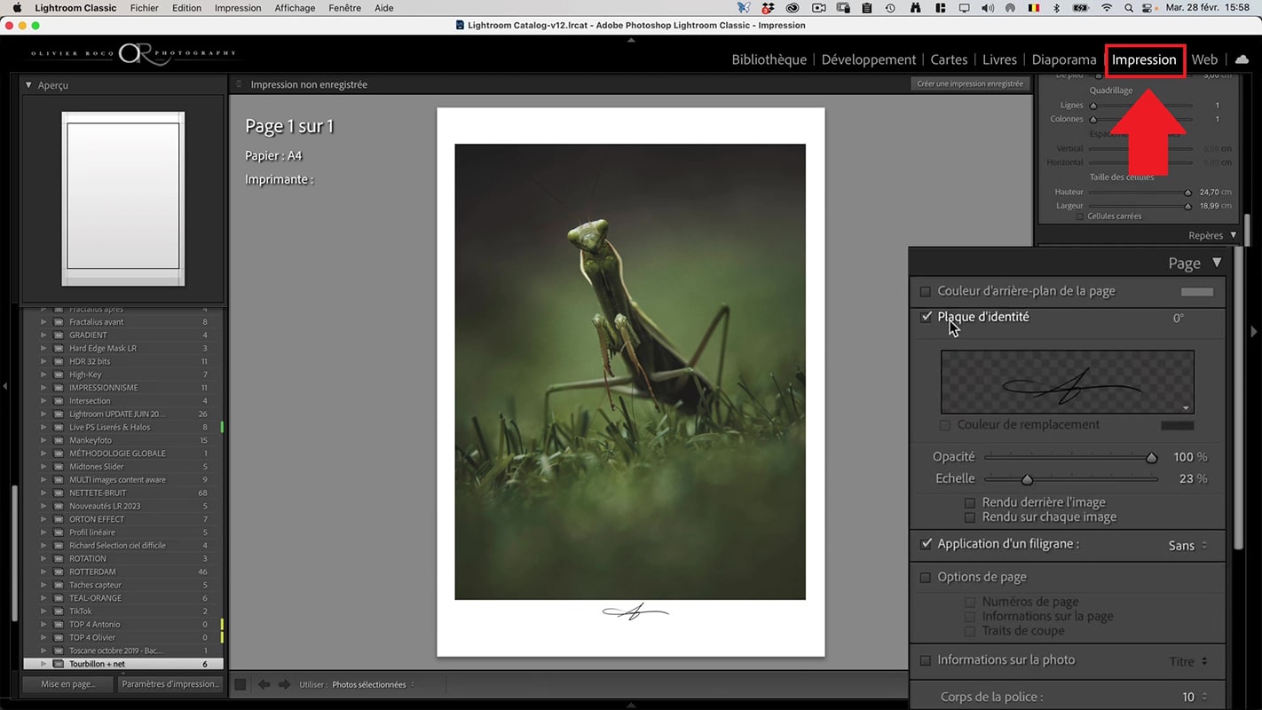 Le module Impression pour insérer une signature dans Lightroom.