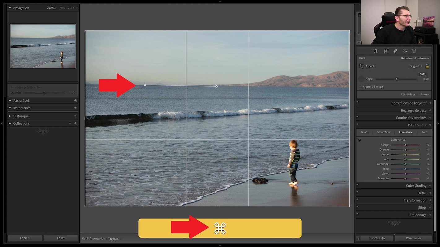 Raccourci clavier pour l'outil de niveau de redressement dans Lightroom.