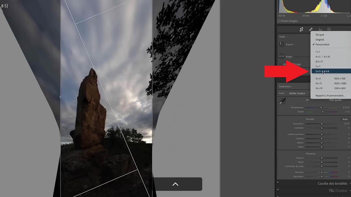 Recadrage en mode portrait du panorama pour créer un vertorama dans Lightroom.