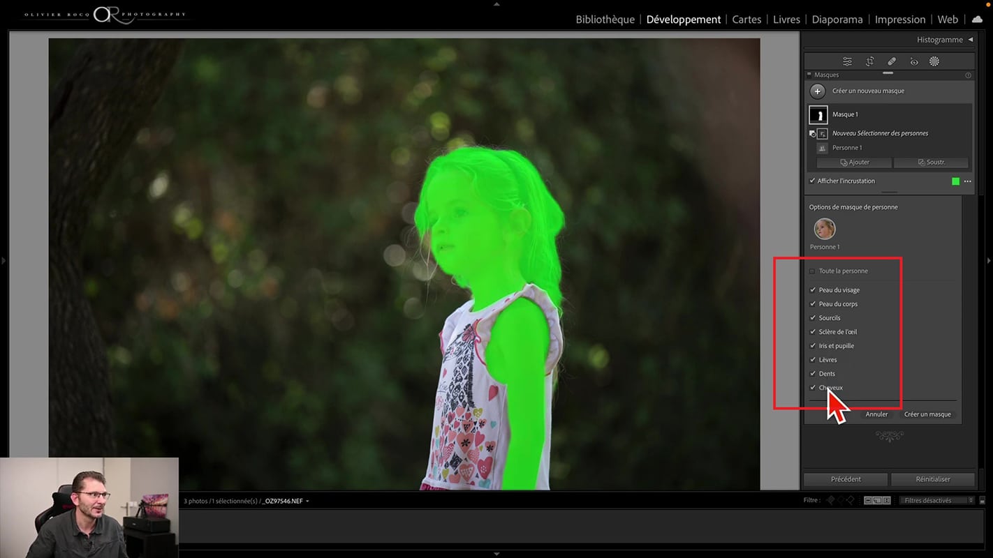 Soustraction des parties à exclure du masque global de la fillette dans Lightroom.