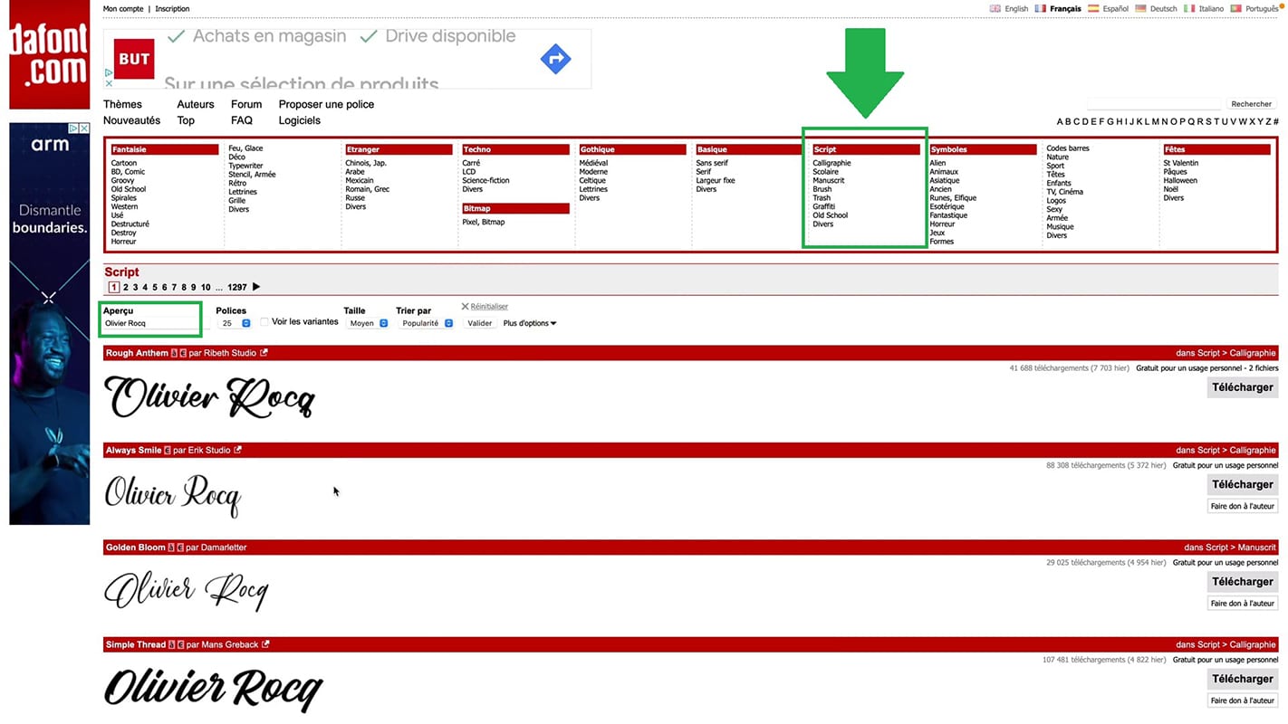 Types de signatures sur le site DaFont.com.