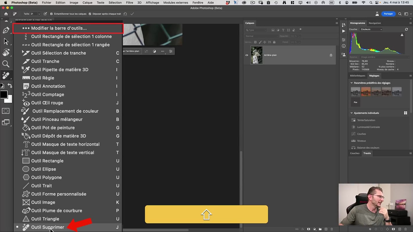 Ajouter l'outil Supprimer à la barre d'outils de Photoshop.