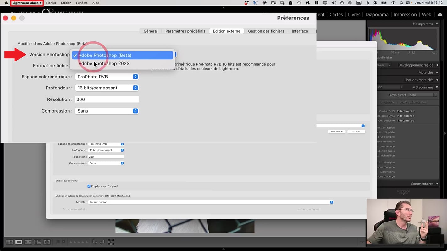 Choix de la version Photoshop dans Lightroom.