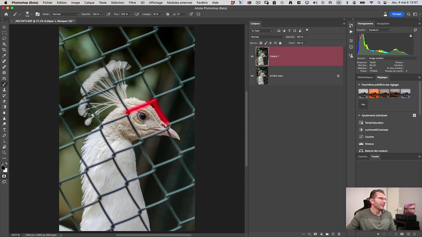 Utilisation de l'outil Remplissage de contenu intelligent pour supprimer le grillage de la photo dans Photoshop.