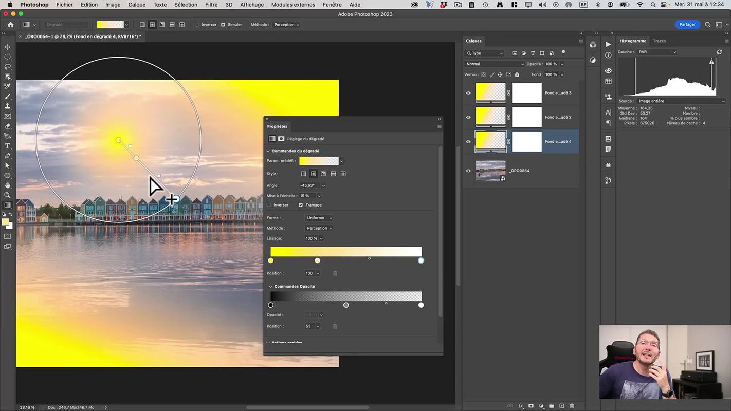 Ajout d'un dégradé radial au linéaire avec le nouvel outil dégradé de Photoshop 2023.