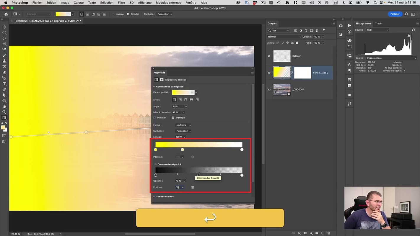 Réglages de l'opacité et de la couleur avec le nouvel outil dégradé dans Photoshop.