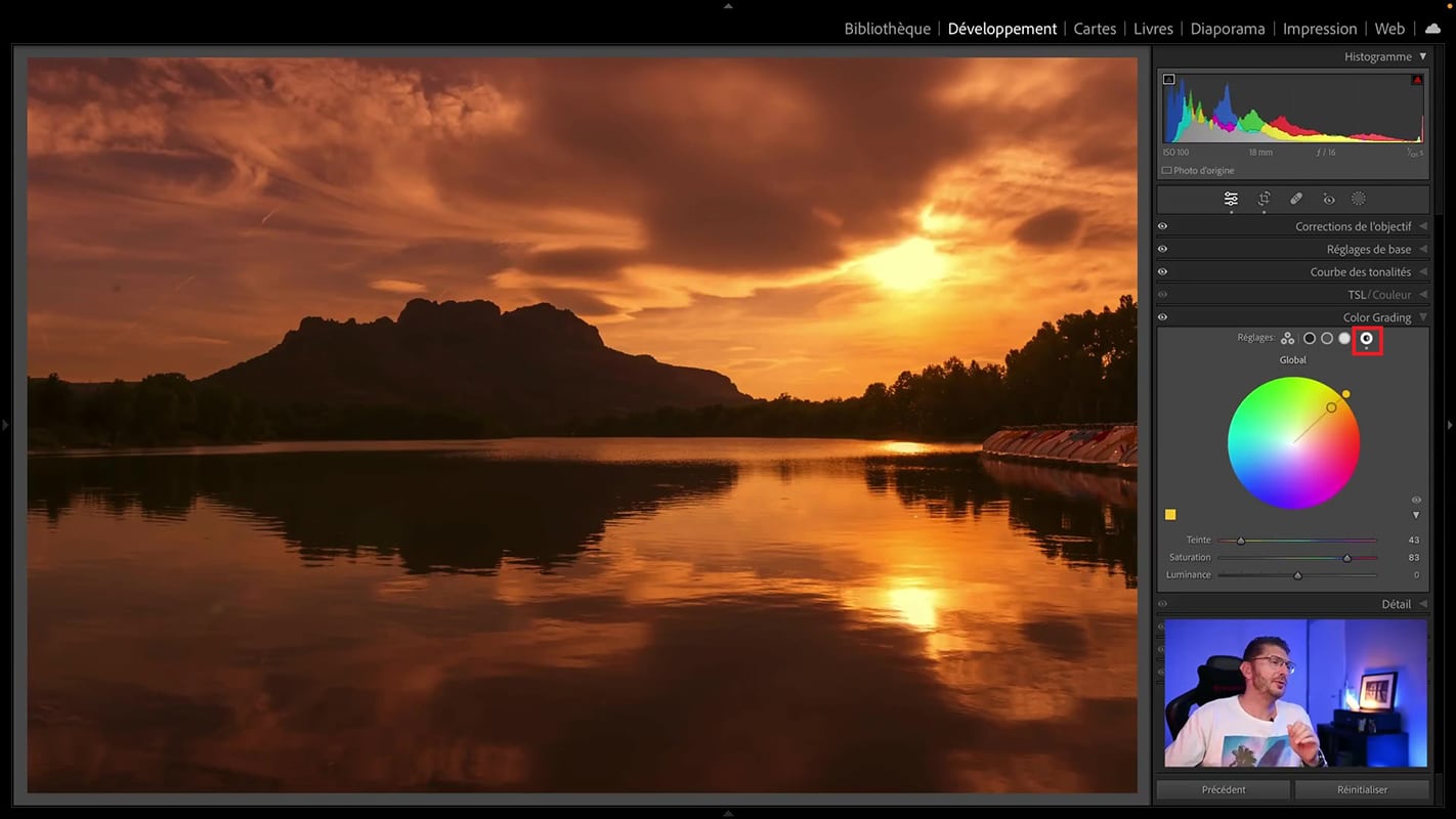 Color grading global de la photo de coucher de soleil dans Lightroom.