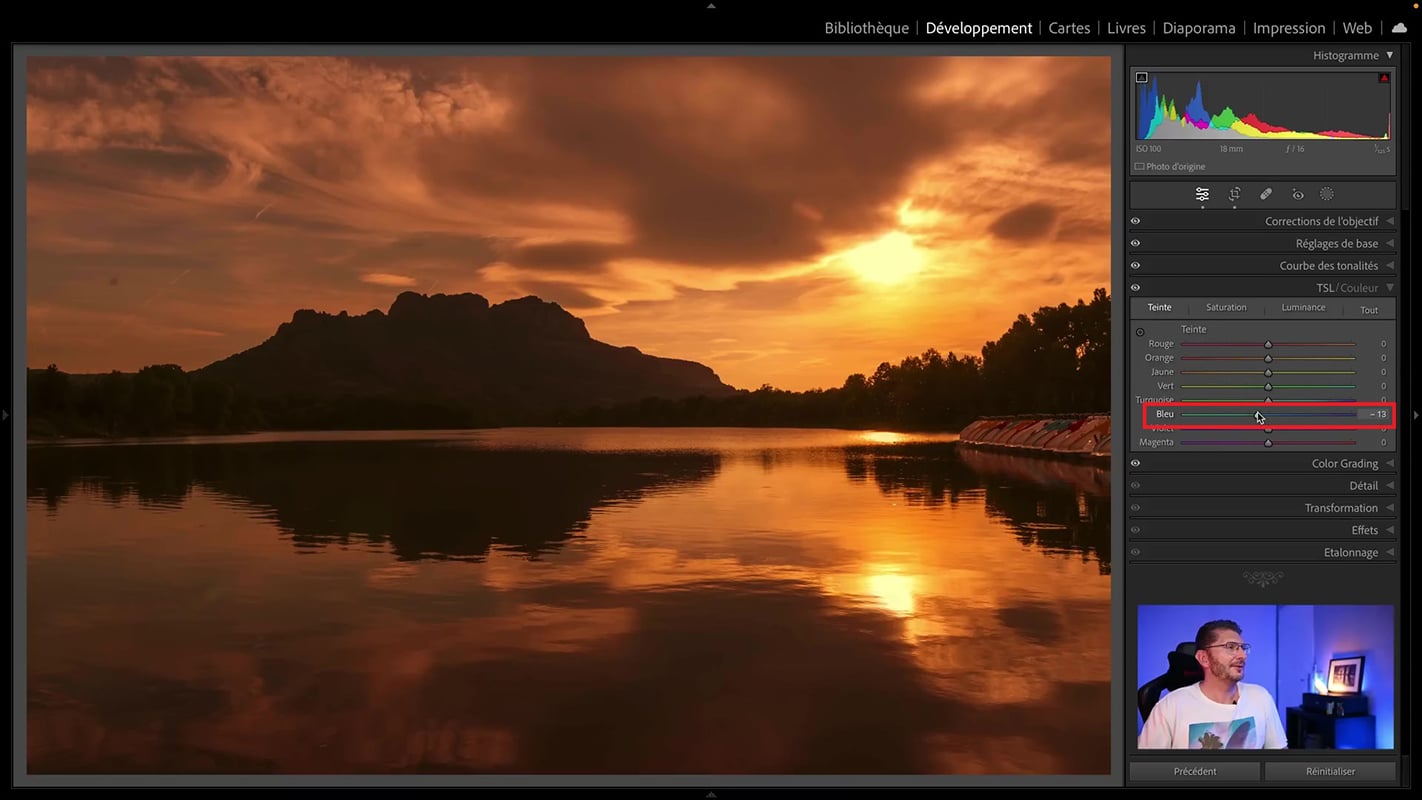 Correction d'une dominante magenta dans la photo de coucher de soleil dans Lightroom.