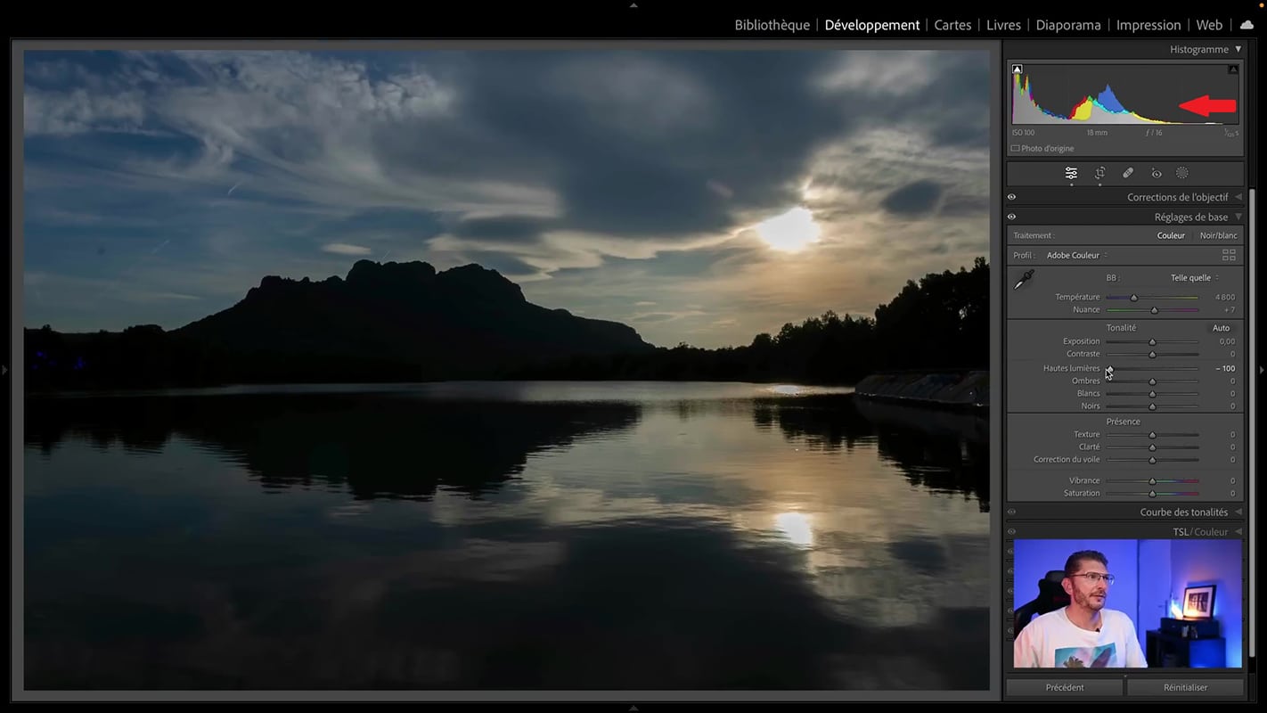 Création d'aplats gris dans la photo de coucher de soleil dans Lightroom.