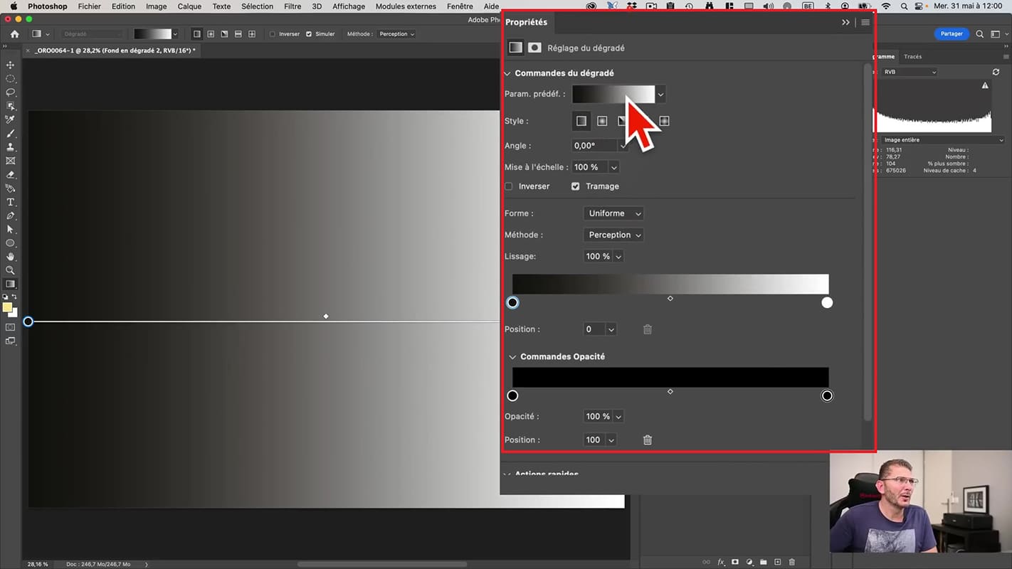 Fenêtre des propriétés avec le nouvel outil dégradé de Photoshop 2023.