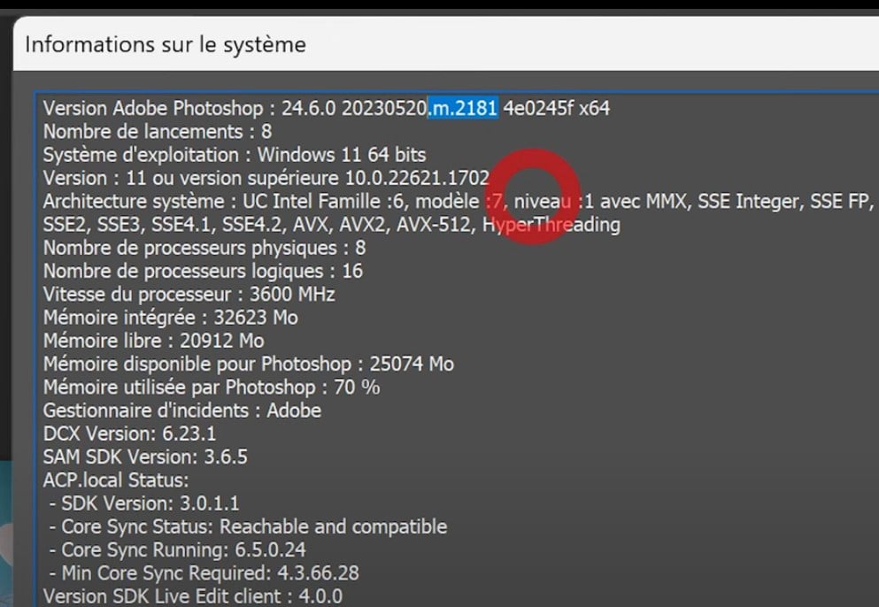 Information sur la version de Photoshop pour accéder au remplissage génératif IA.