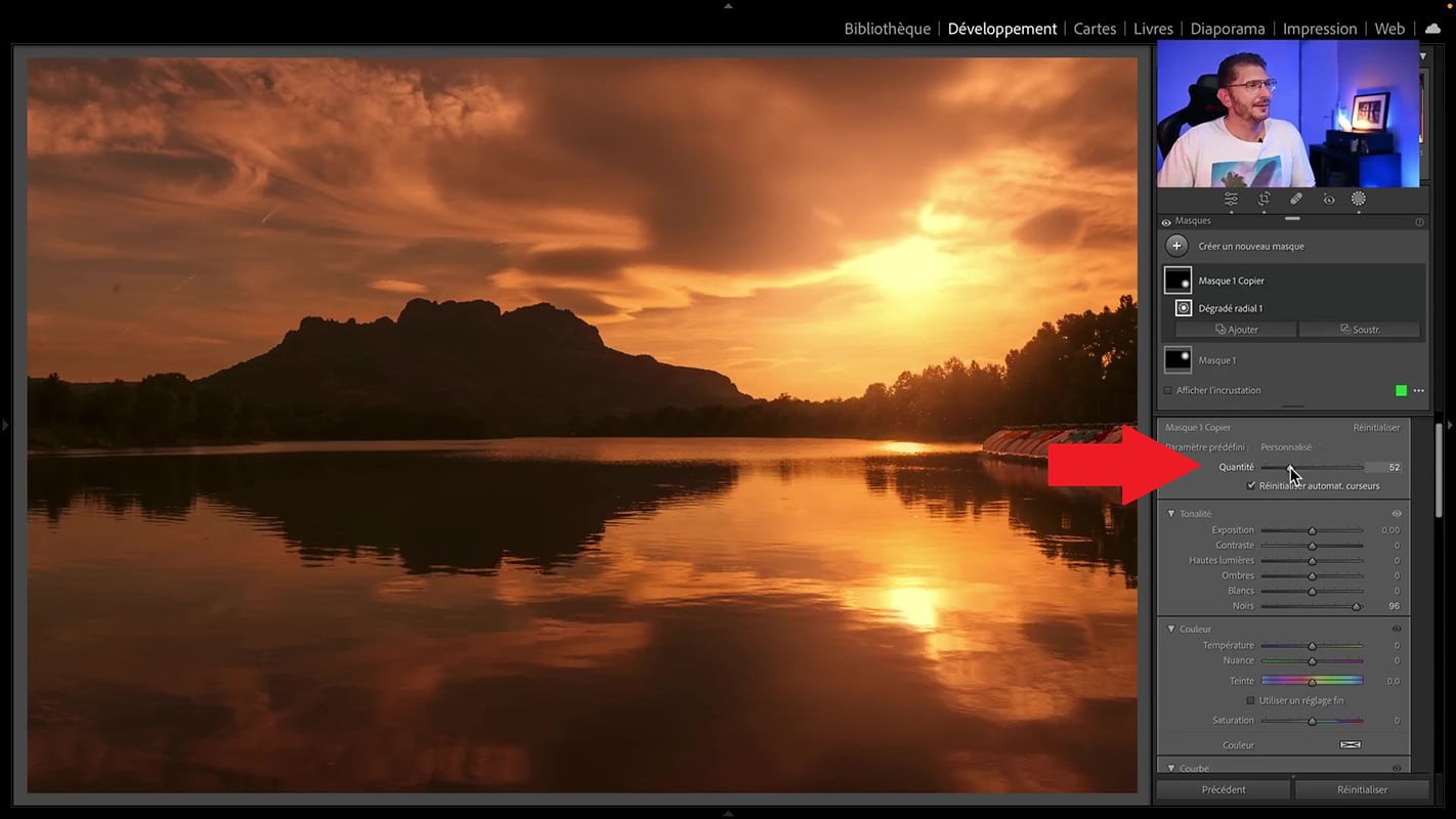 Réglage de l'opacité du masque dans la photo de coucher de soleil dans Lightroom.