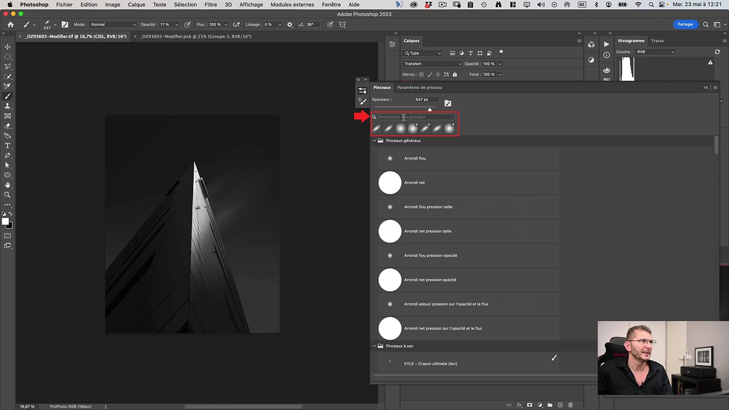 Recherche des pinceaux disponibles dans Photoshop.