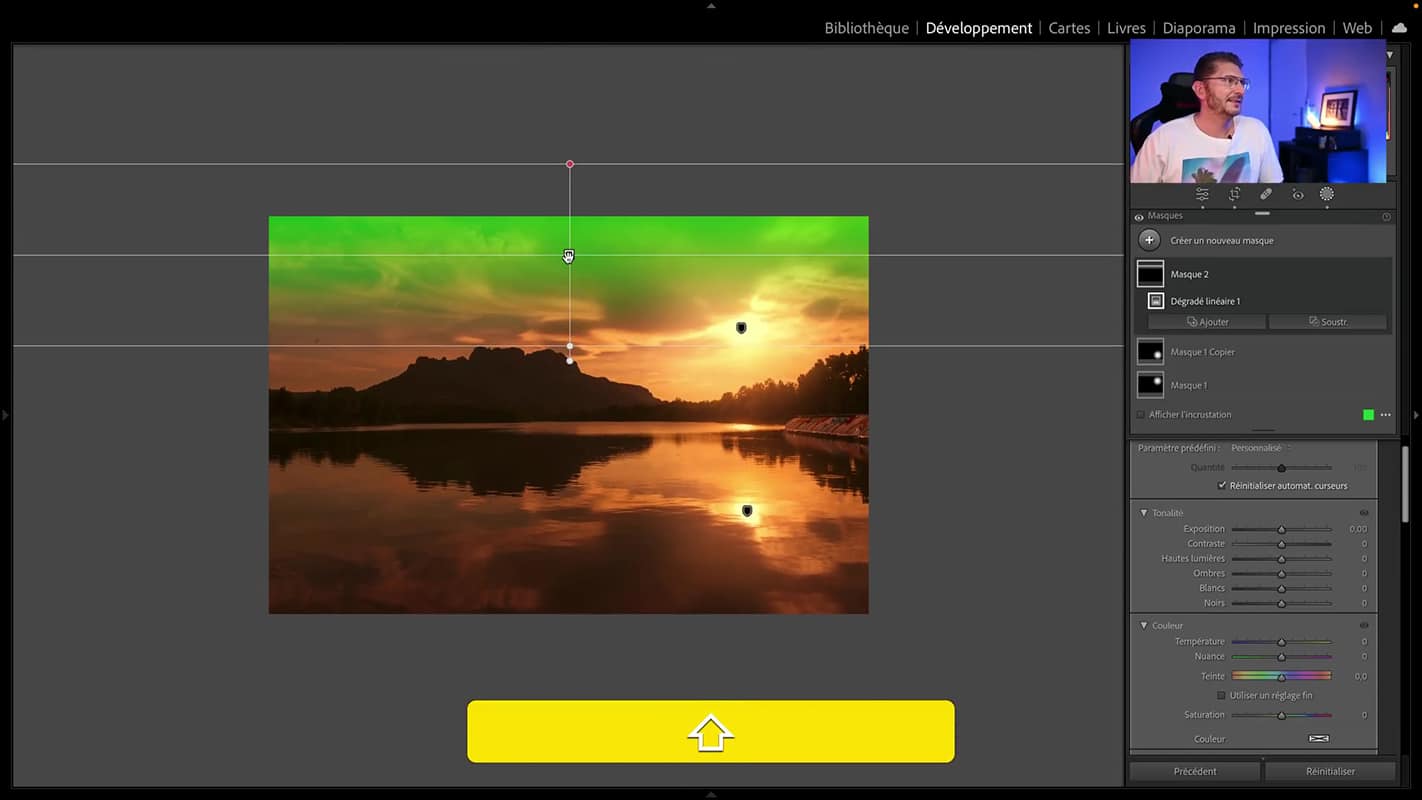 Utilisation de la zone de progressivité du dégradé linéaire dans la photo de coucher de soleil dans Lightroom.