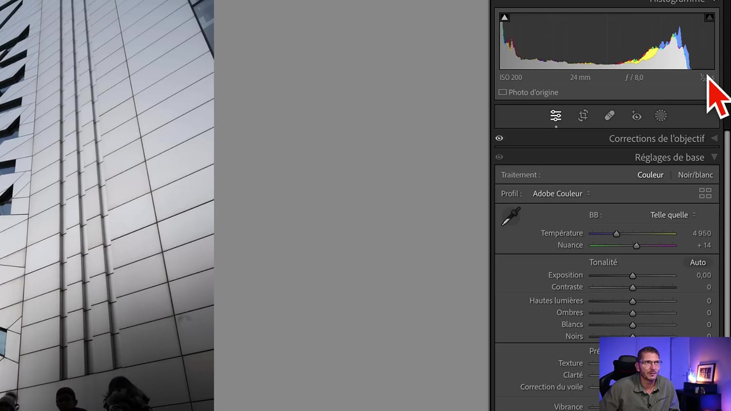 Ajustement de l'histogramme pour le monochrome dans Lightroom.