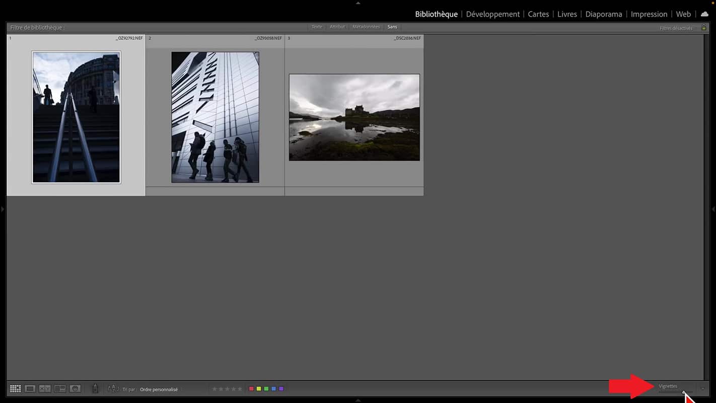 Choix de la taille d'affichage des photos dans lightroom.