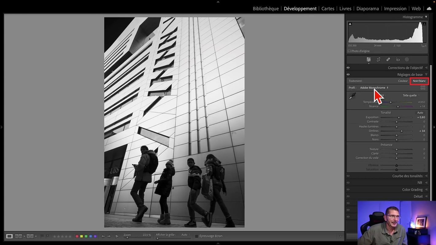 Bouton de conversion de photo en noir et blanc pour le monochrome dans Lightroom.