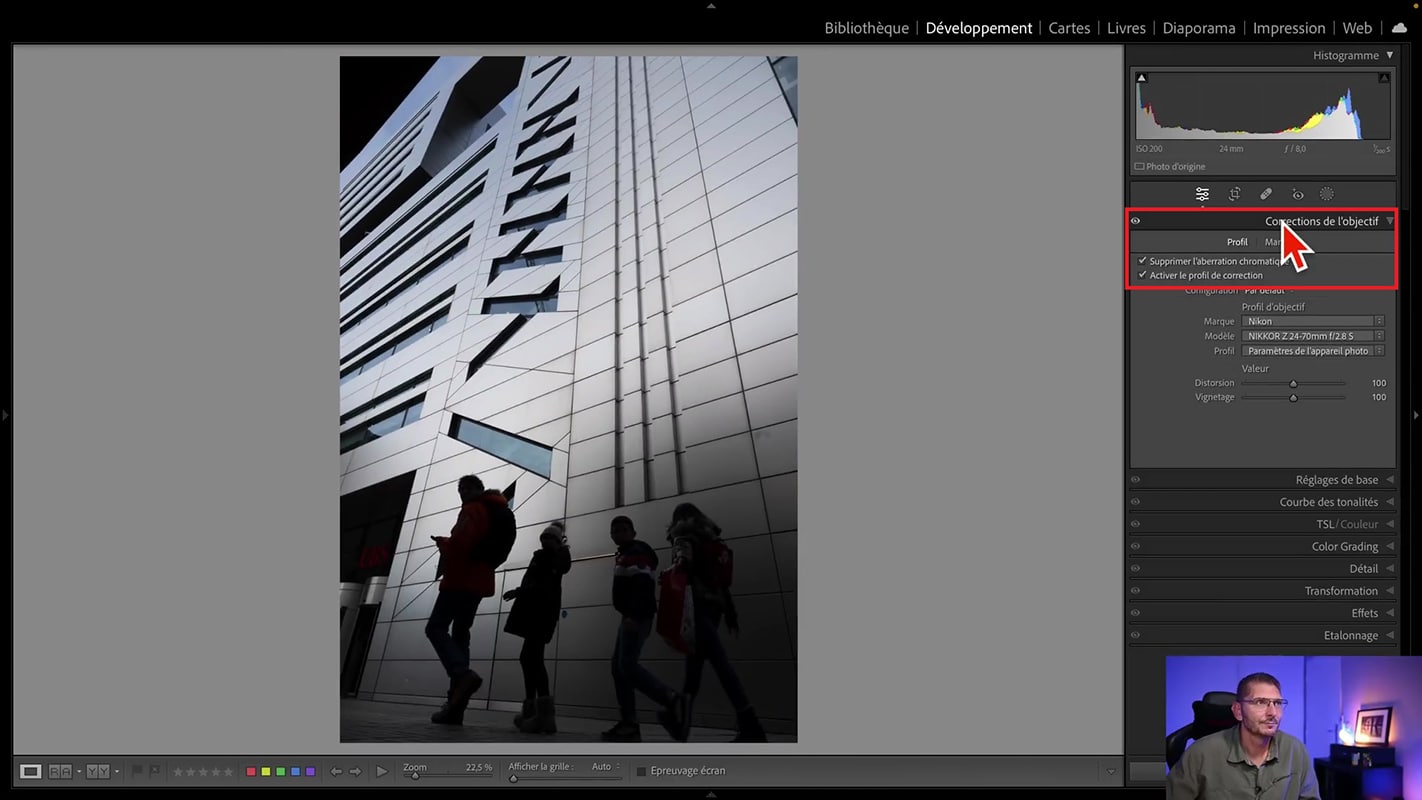 Emplacement des corrections de l'objectif pour le monochrome dans Lightroom.