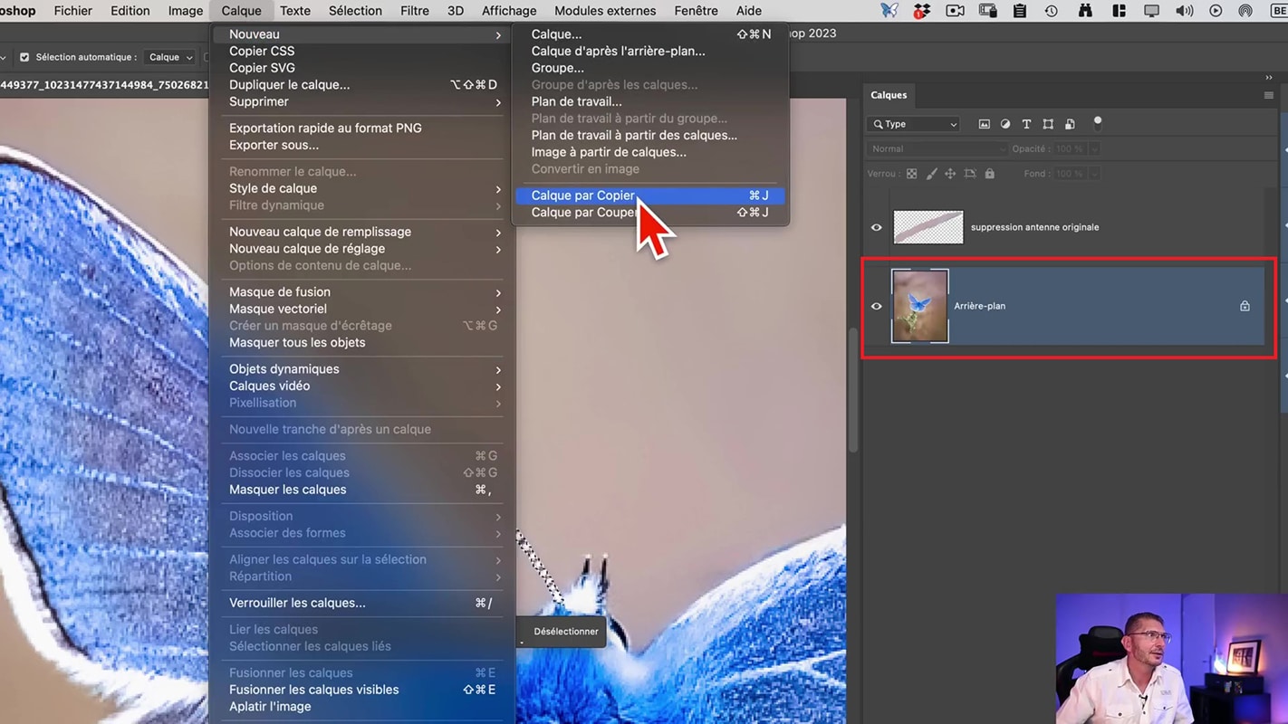Création d'un calque par copier pour reconstituer une antenne de papillon dans Photoshop.