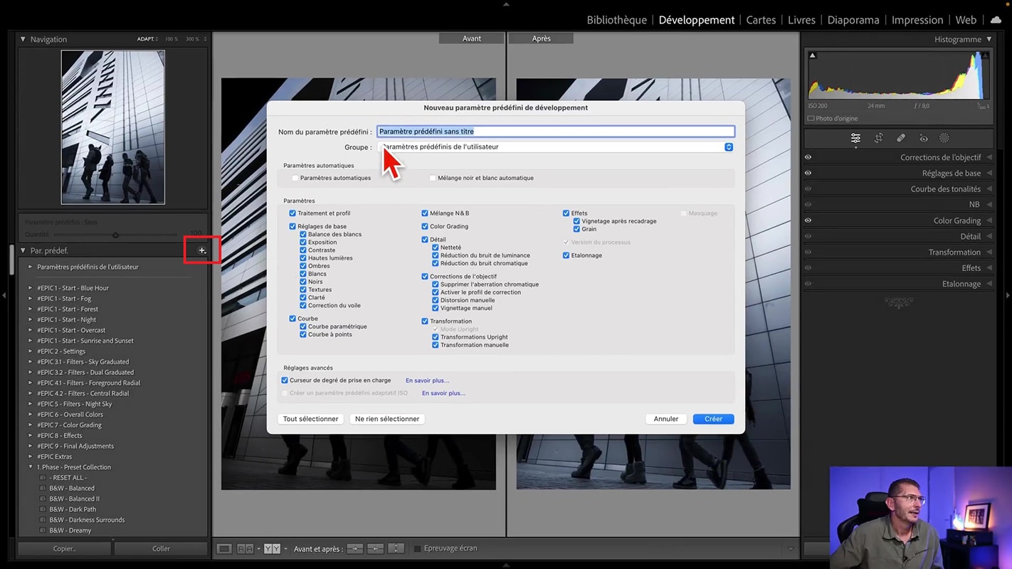 Création d'un paramètre prédéfini pour le monochrome dans Lightroom.