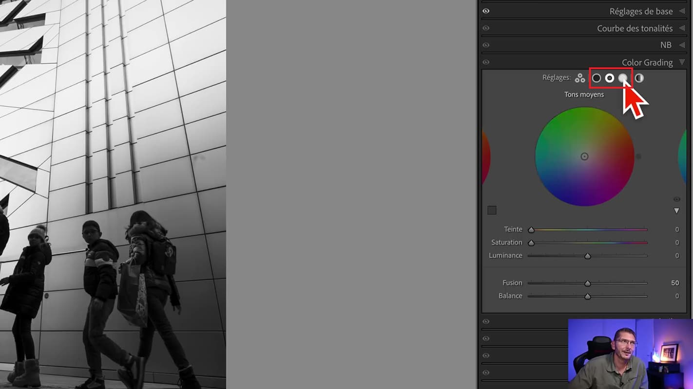 Les réglages de l'onglet Color Grading pour le monochrome dans Lightroom.