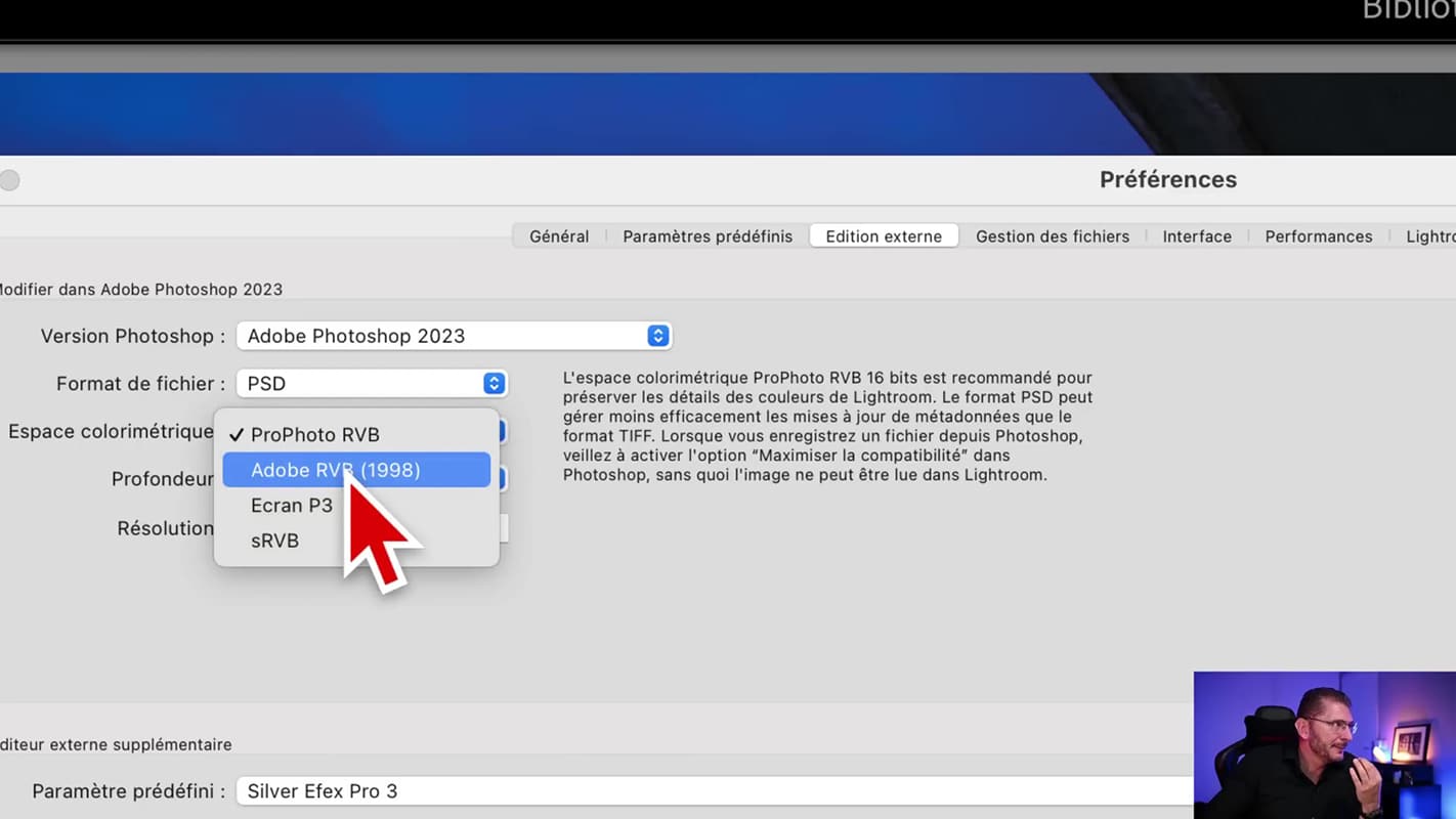 Changer le profil incorporé à l'export de Lightroom vers Photoshop pour éviter la non concordance des profils incorporés.