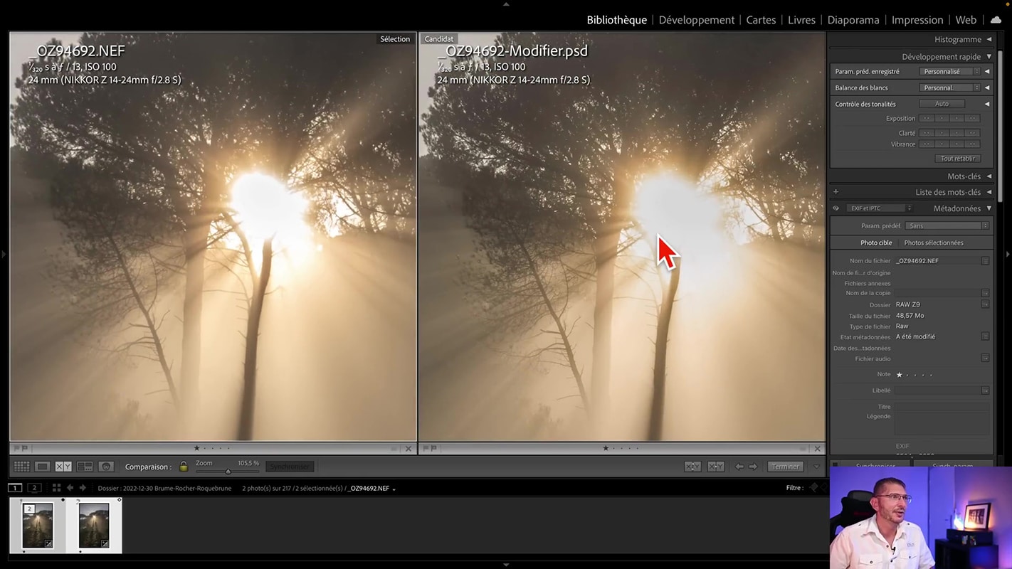 Comparaison du fichier Raw et du fichier PSD traité depuis Lightroom vers Photoshop.