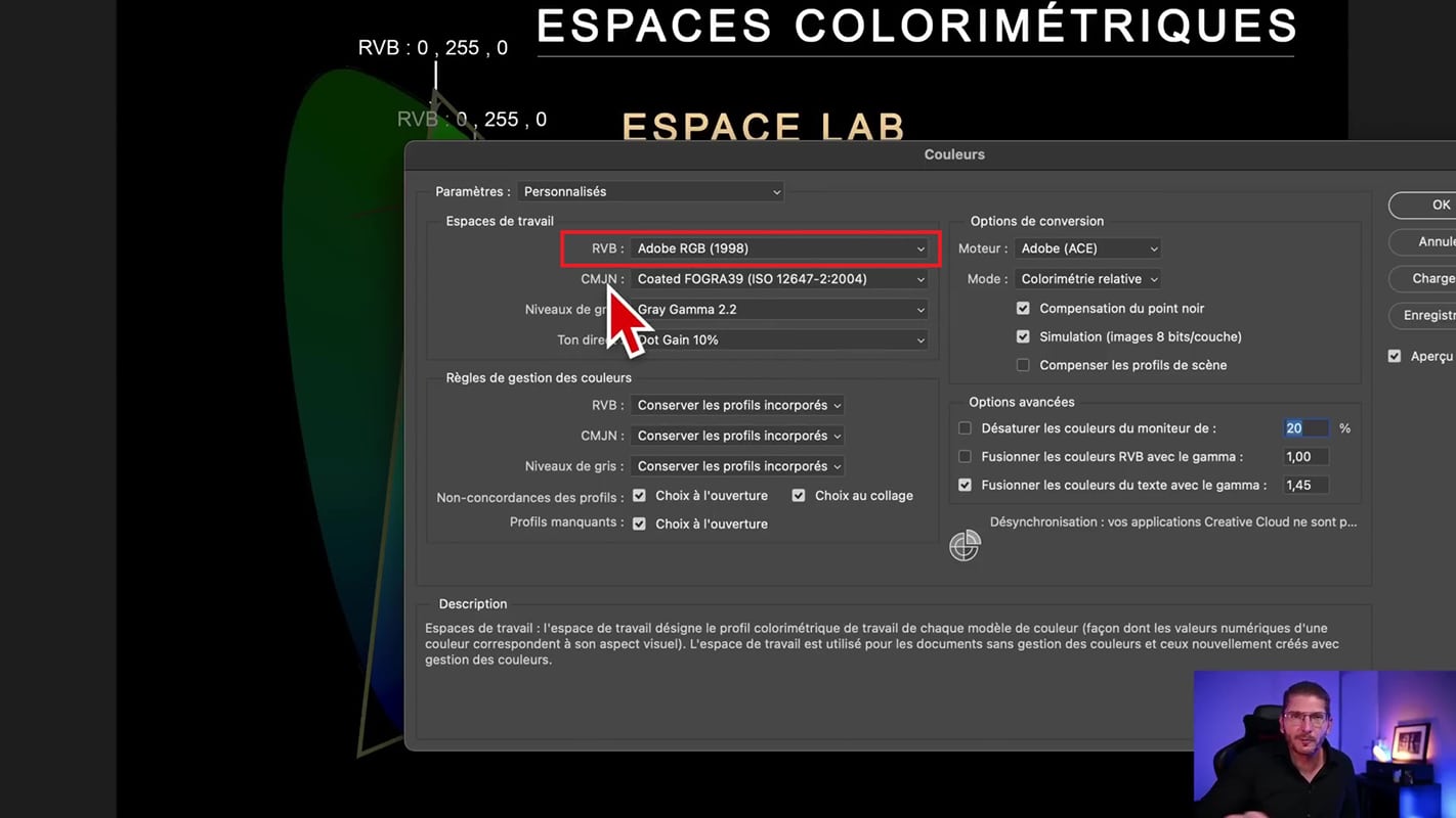 Configuration de l'espace de travail de Photoshop pour éviter la non concordance des profils incorporés.