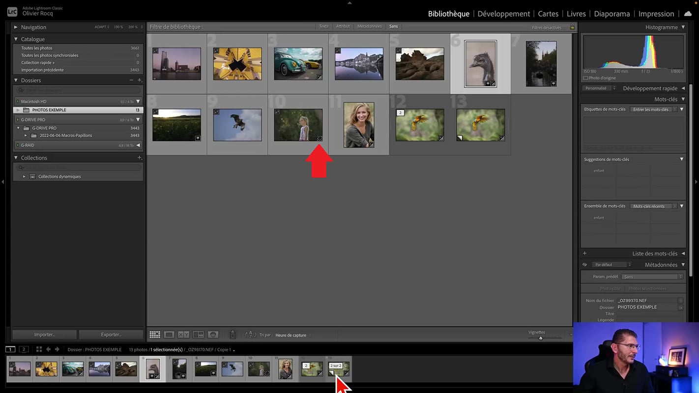 Emplacement des badges et icônes dans Lightroom.