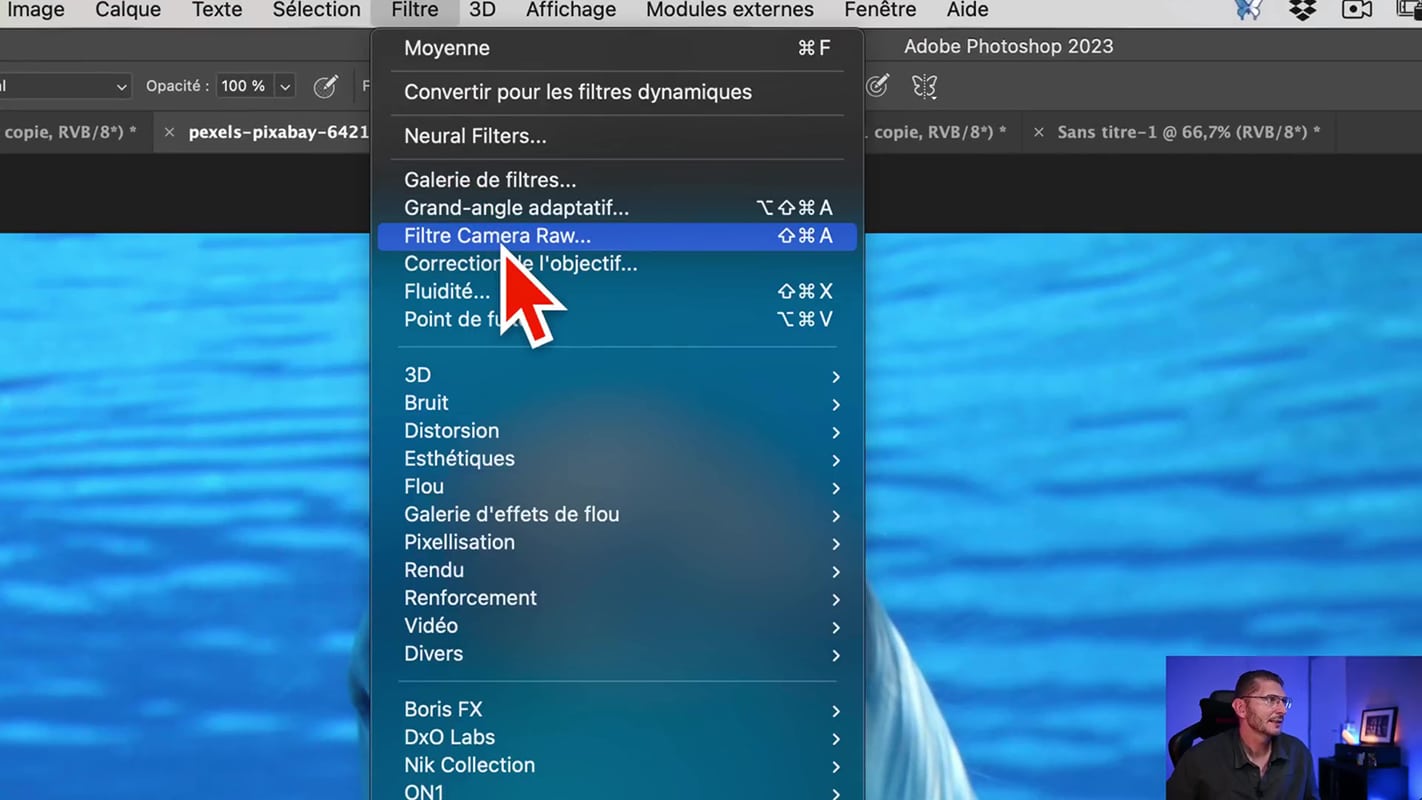 Emplacement du filtre Camera Raw dans Photoshop.