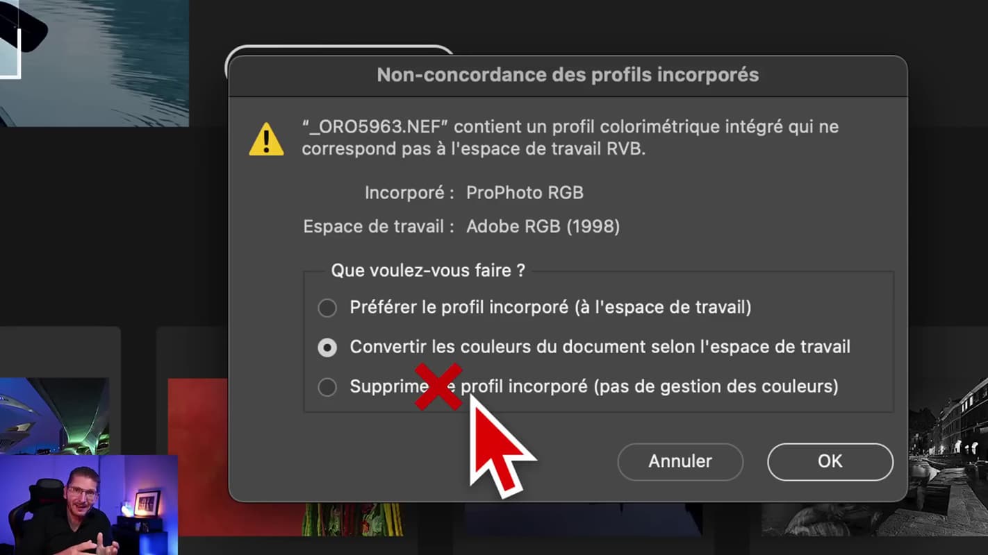 Mauvais choix pour le problème de non concordance des profils incorporés.