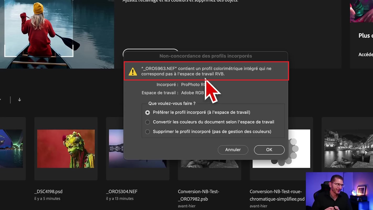 Message d'erreur dans Photoshop après envoi d'une photo depuis Lightroom signalant la non concordance des profils incorporés.