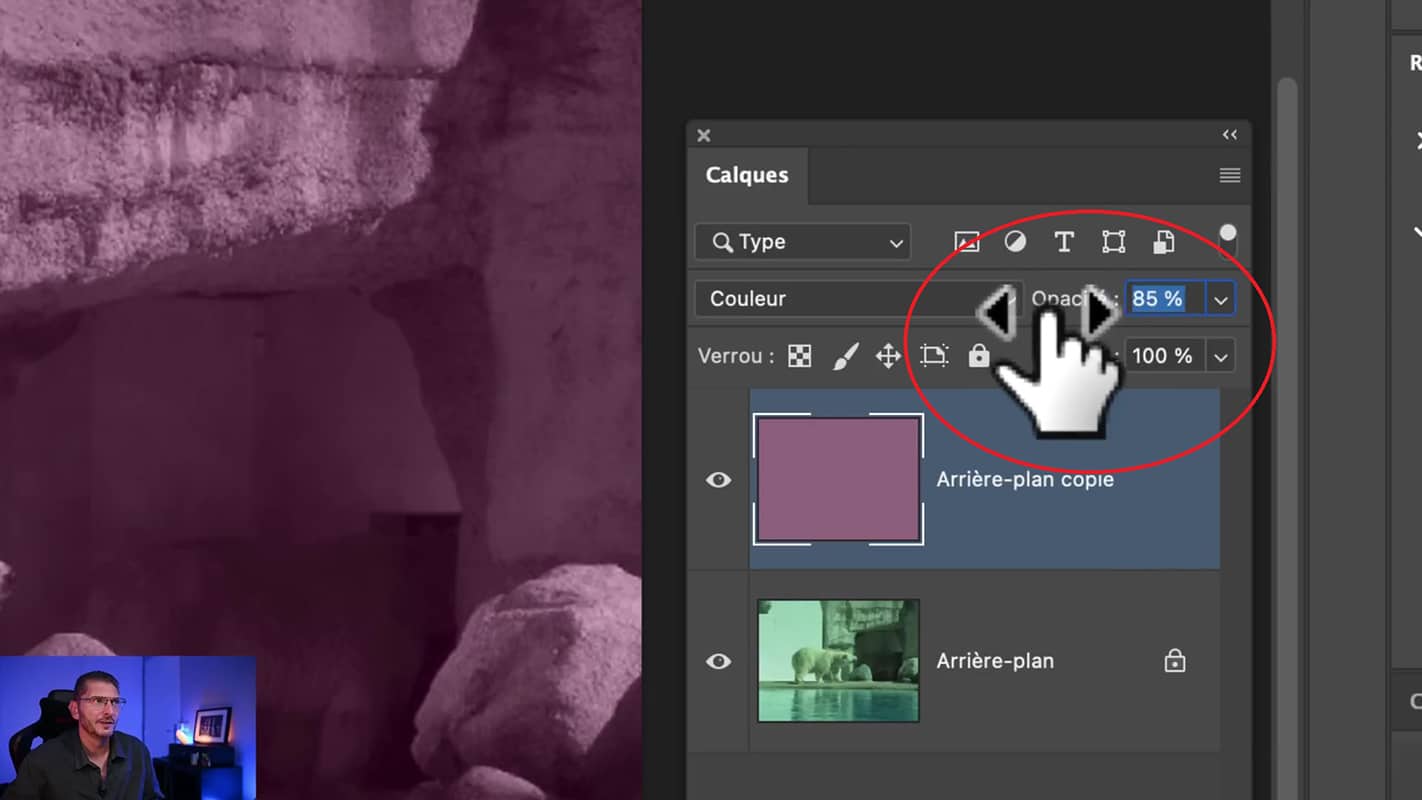 Modifier l'opacité du calque pour corriger la dominante de couleur dans Photoshop.