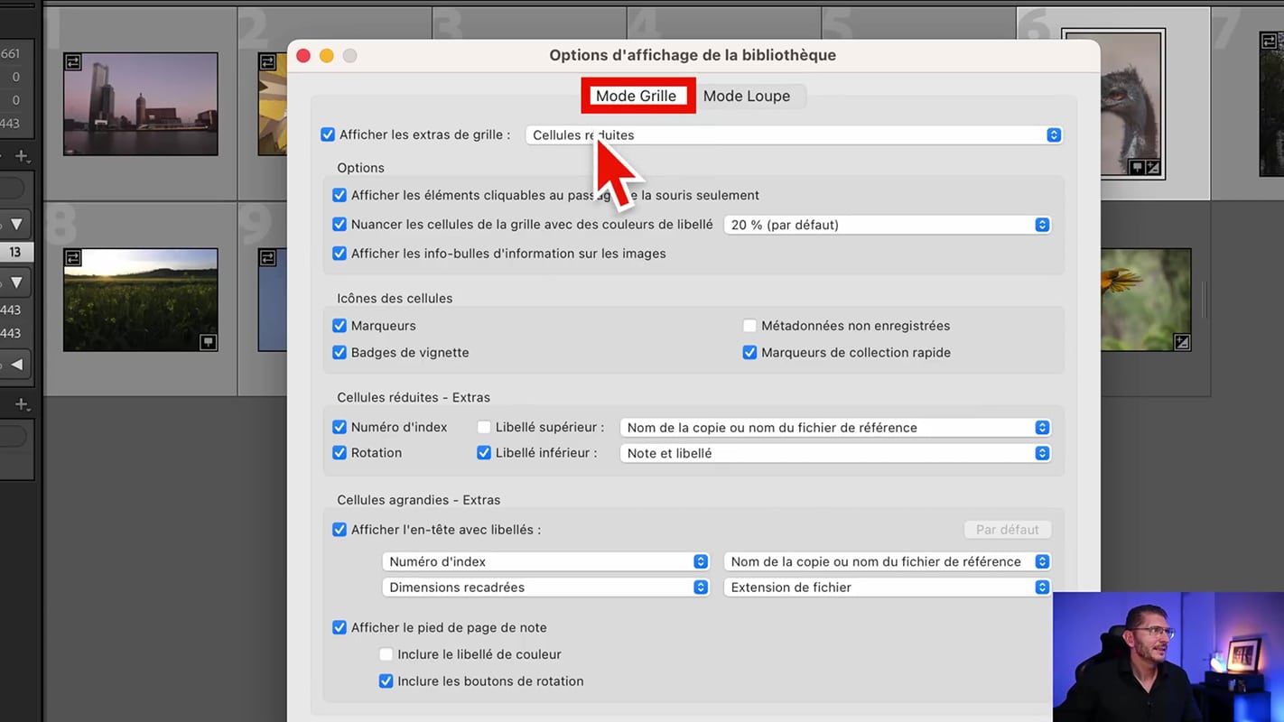 Options d'affichage en mode Grille dans Lightroom.