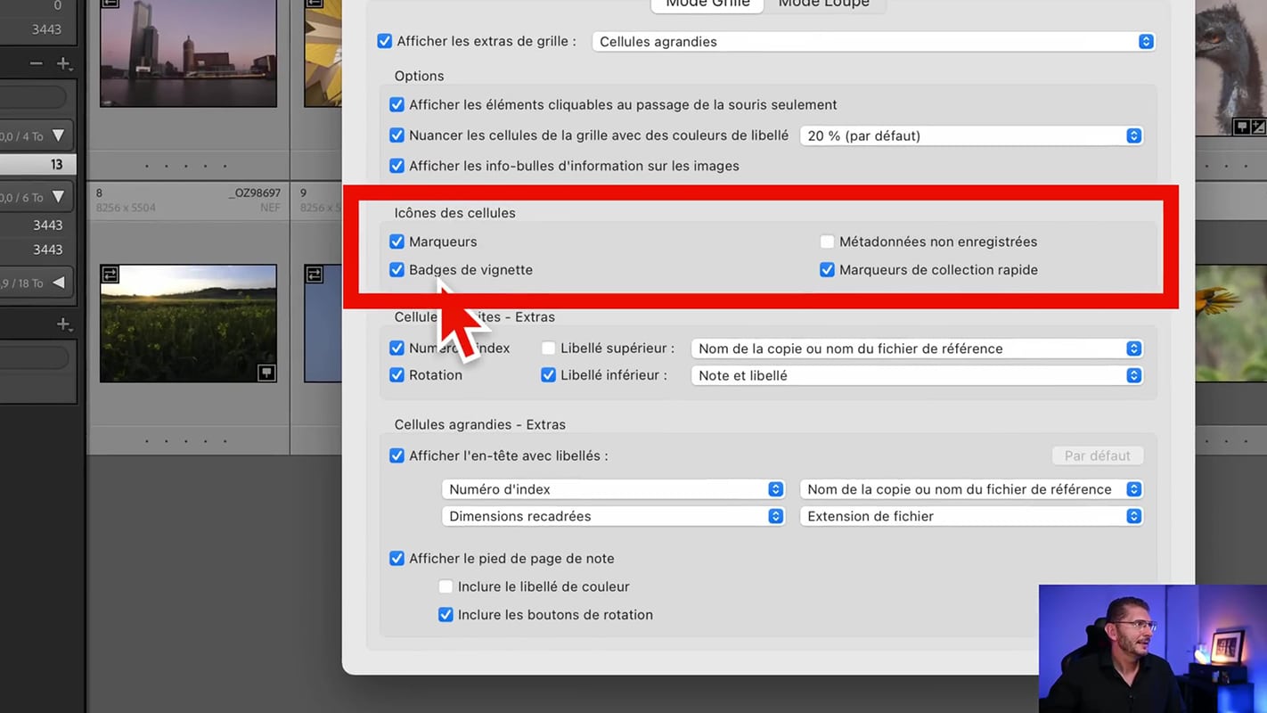 Options pour les icônes des cellules dans Lightroom.