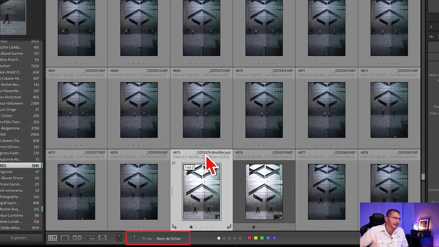 Option de tri de la bibliothèque Lightroom pour retrouvé un fichier envoyé vers Photoshop.