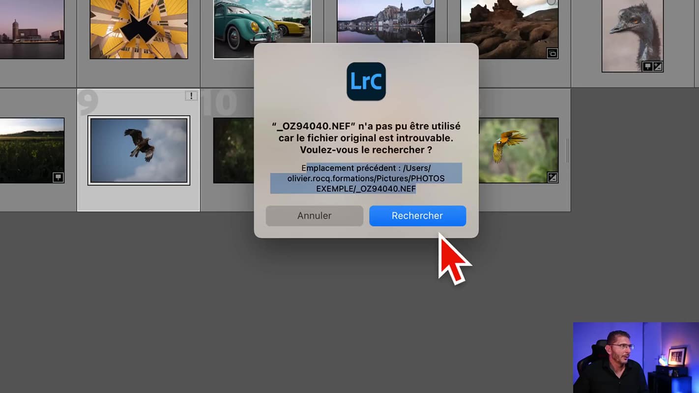 Boite de dialogue de Lightroom pour rechercher l'emplacement du fichier introuvable.