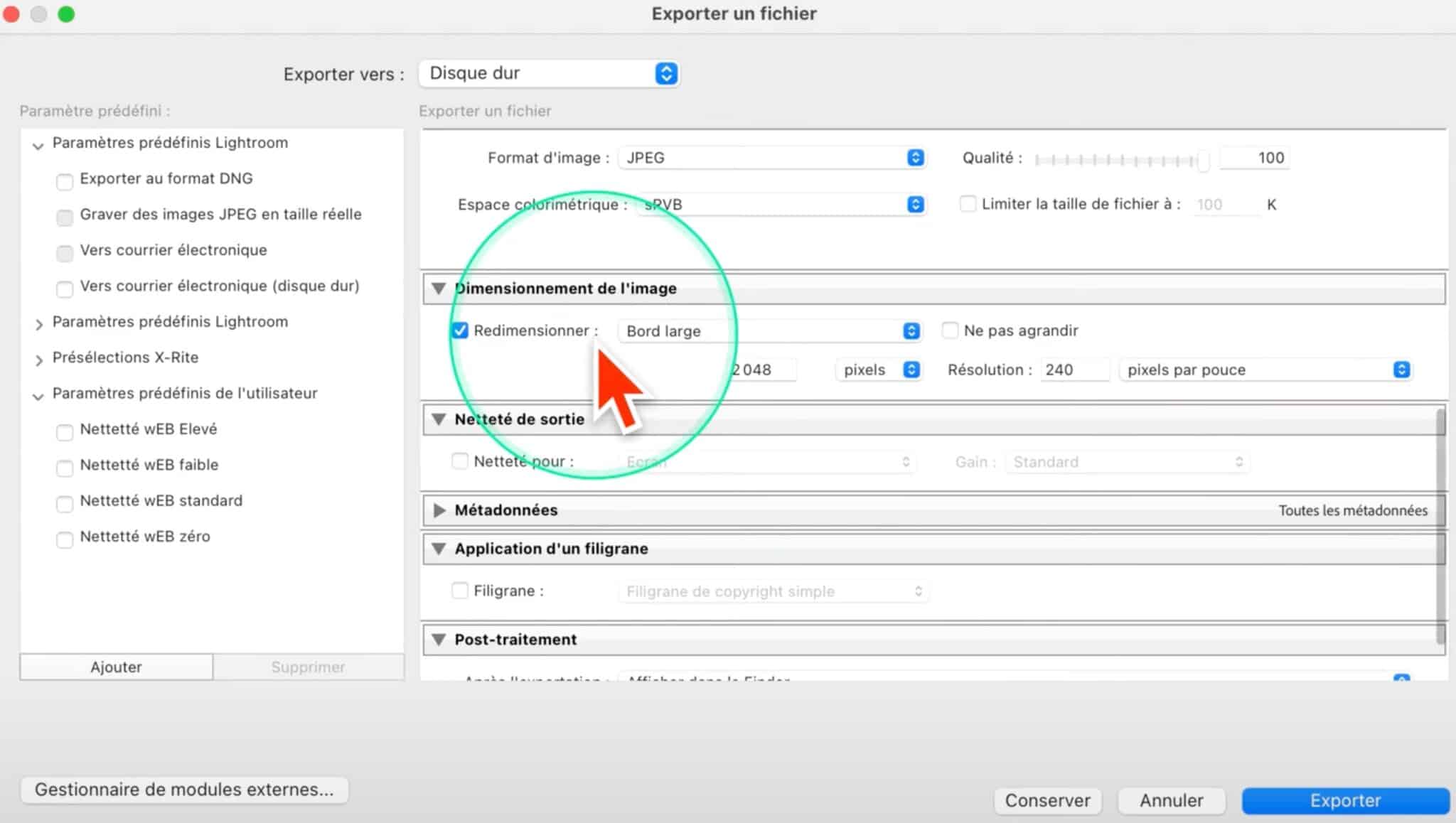 exporter en jpg avec des dimensions personnalisées