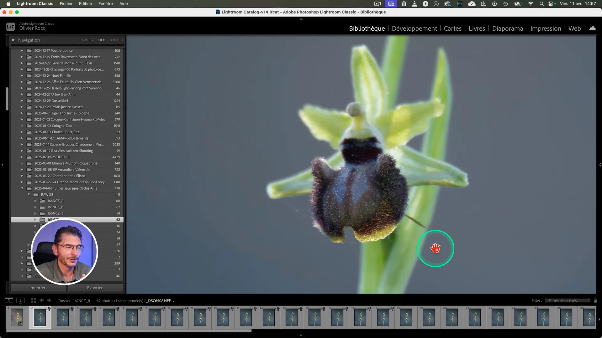Photo macro d’une orchidée affichée dans Adobe Lightroom Classic