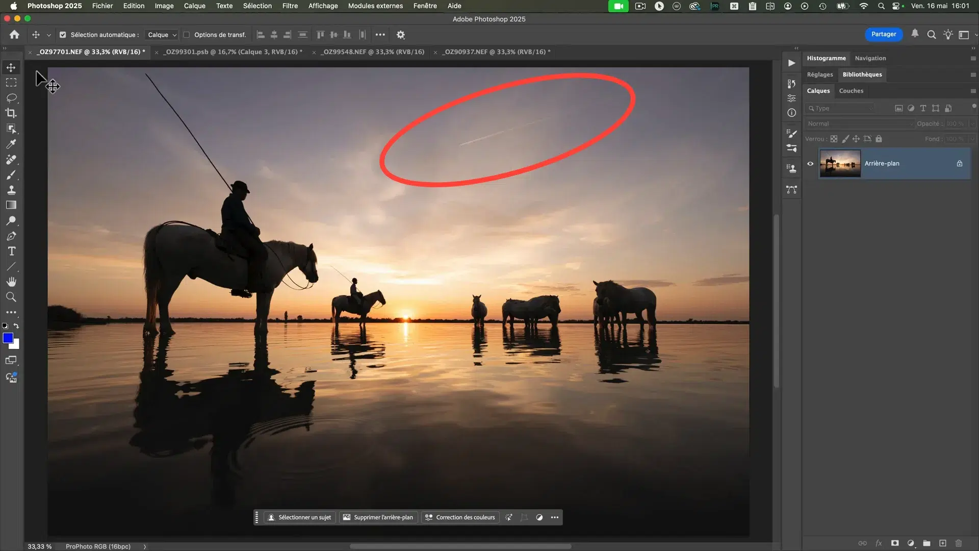 Photo d’un cavalier dans Photoshop avec un ciel marqué à effacer, en vue d’une retouche