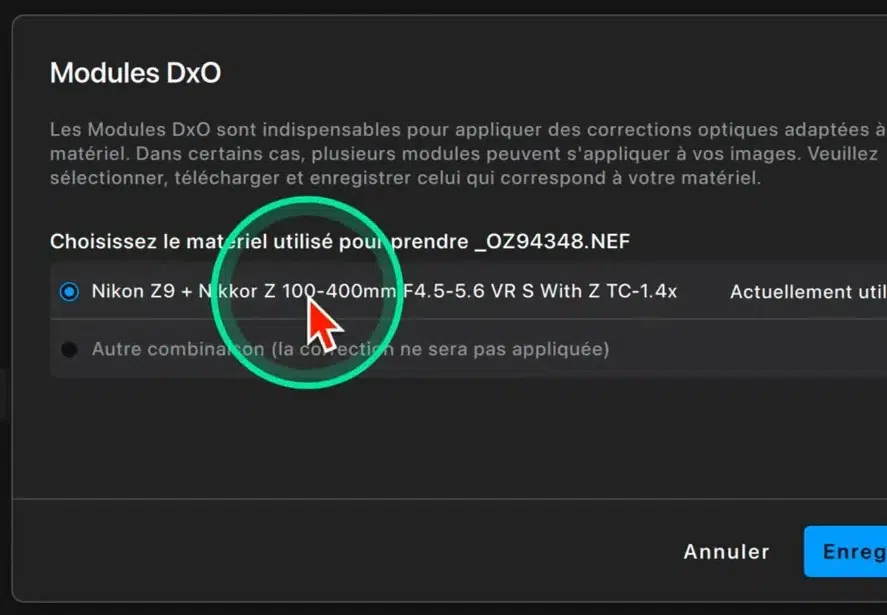 Choix du module optique dans DxO PureRAW 5