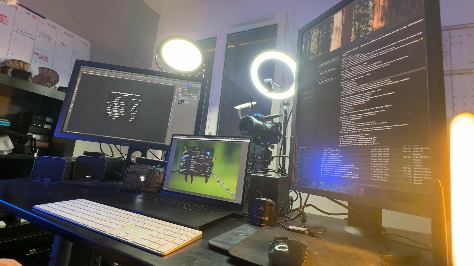 Poste de travail avec plusieurs écrans, lampes d'éclairage contrôlé et matériel photo