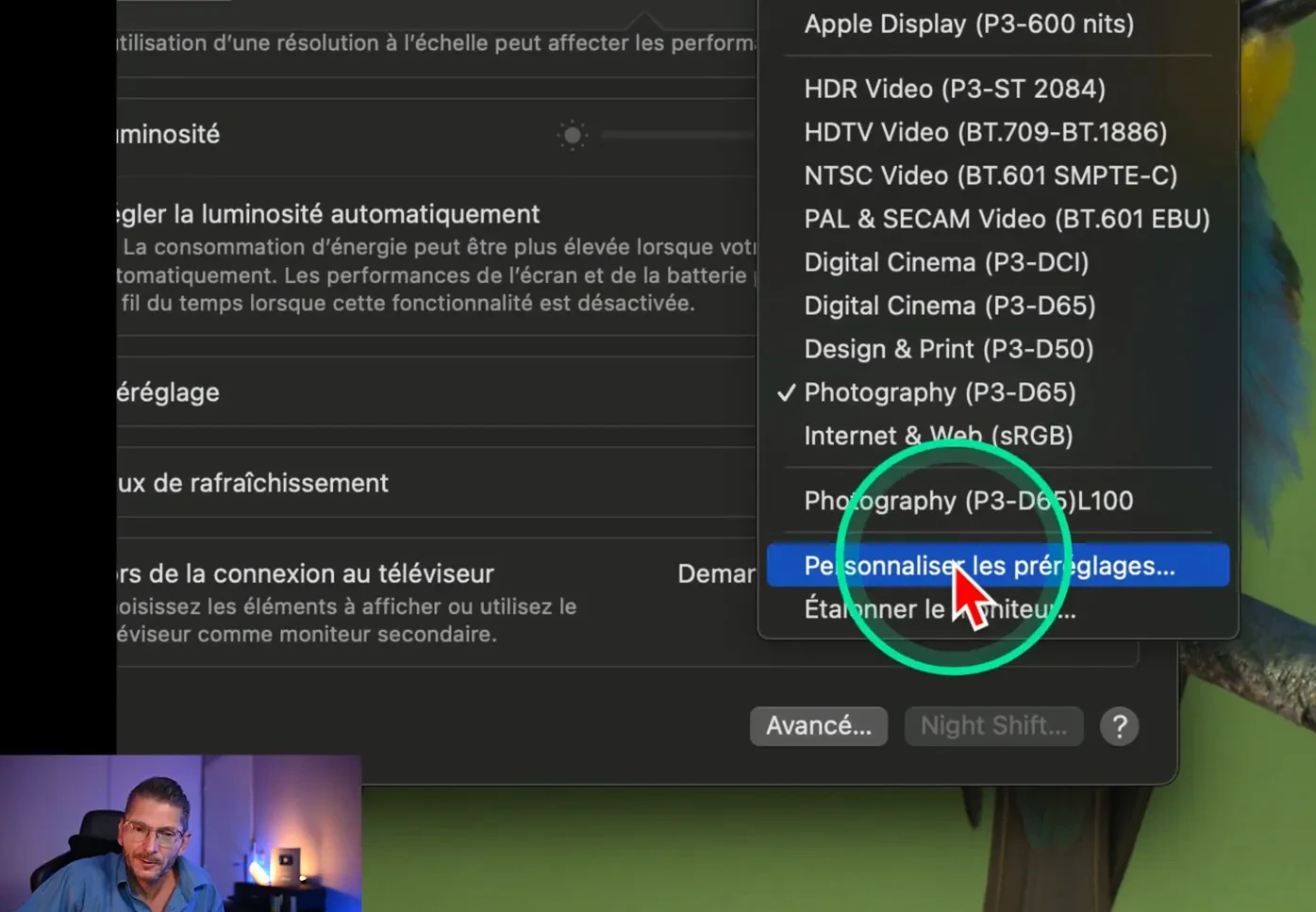 Menu contextuel de sélection des préréglages d’affichage dans macOS