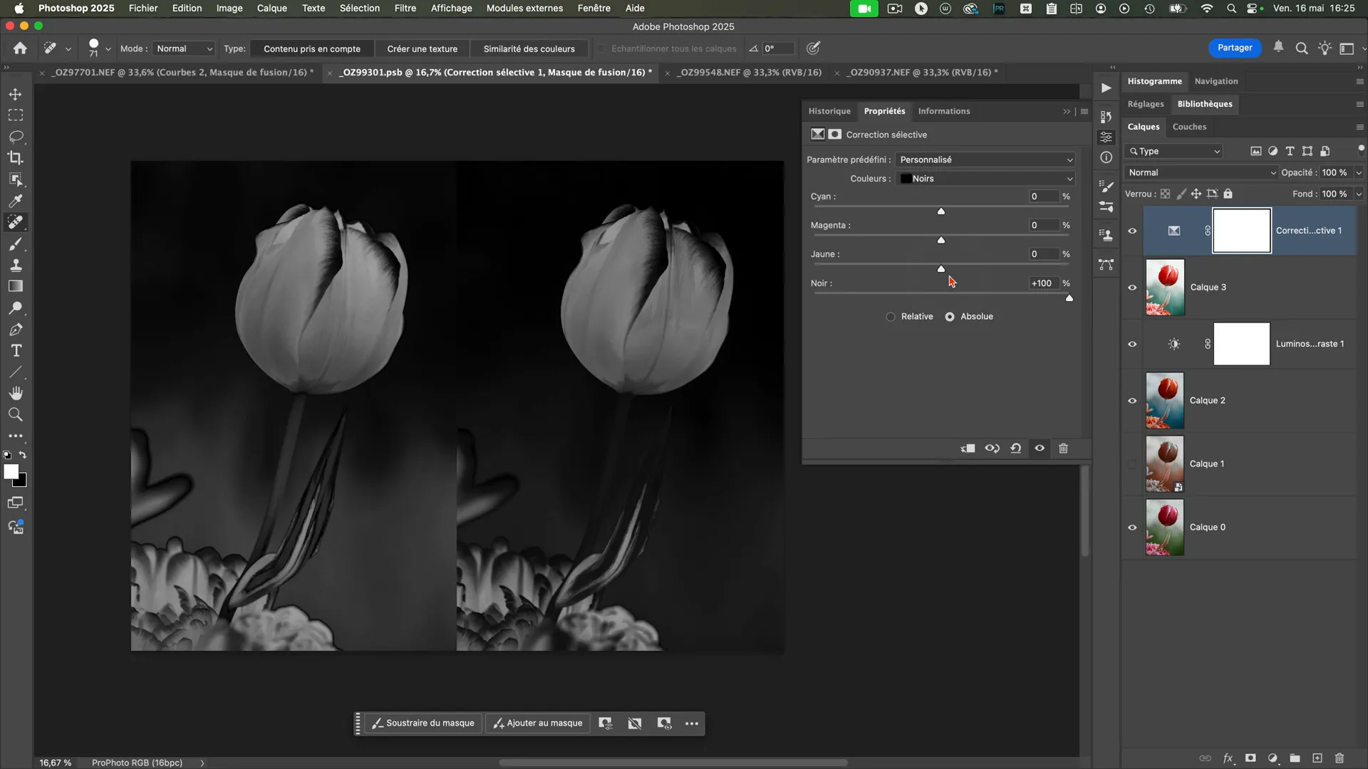 Check layer d’analyse de saturation affiché en noir et blanc dans Photoshop