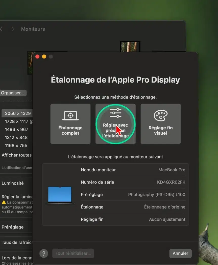 Fenêtre d'étalonnage Apple avec option de réglage précis sélectionnée
